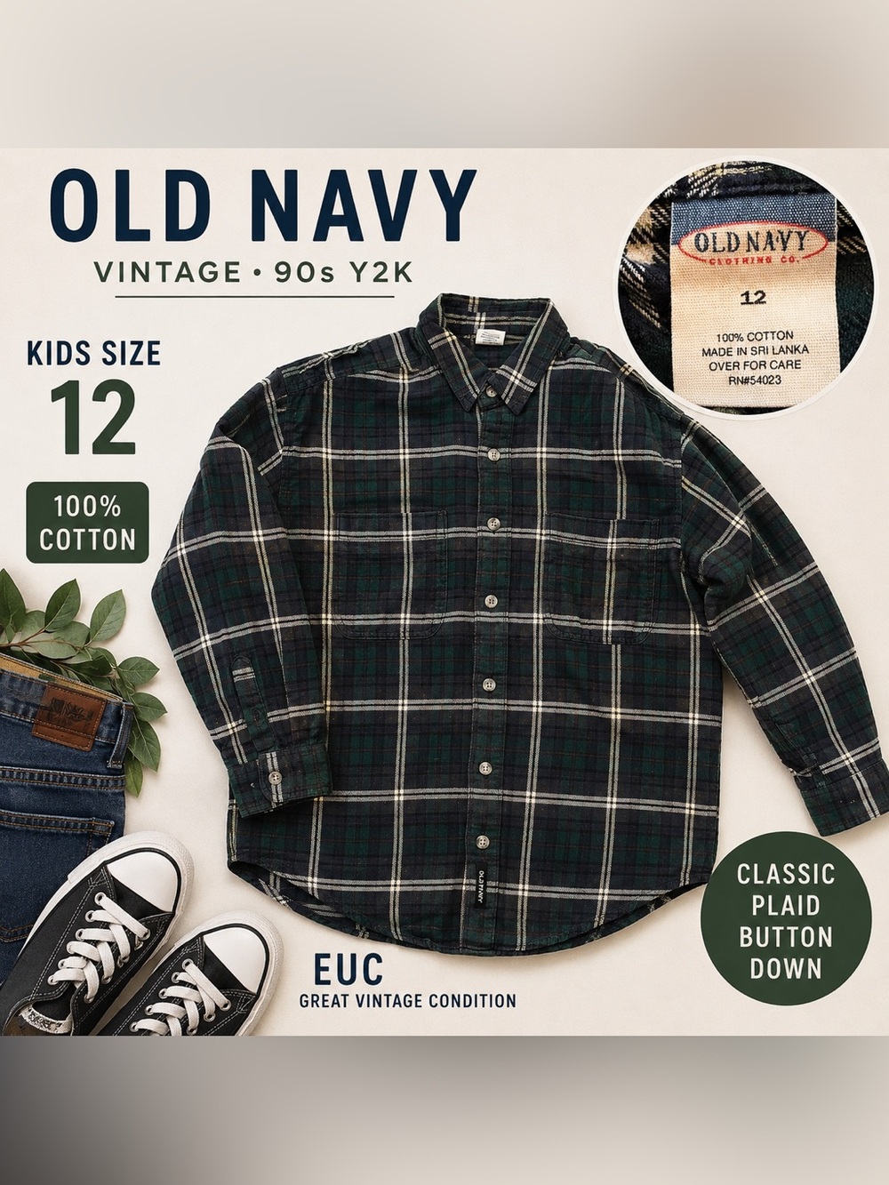 Vintage Old Navy Plaid Flannel Shirt Kids Size 12 Y2K Grunge